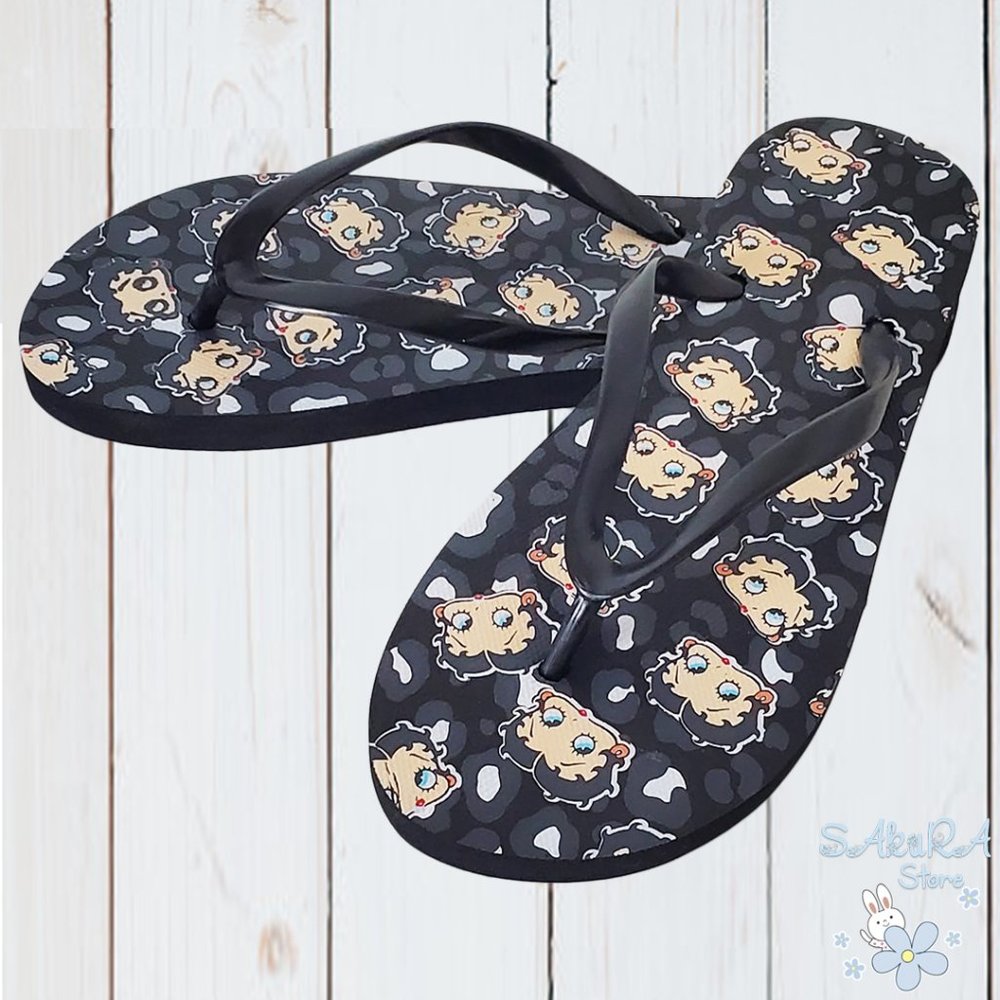 NWT BETTY BOOP CUTE RETRO WOMEN'S BLACK THONG SLIP ON FLIP FLOPS SANDALS